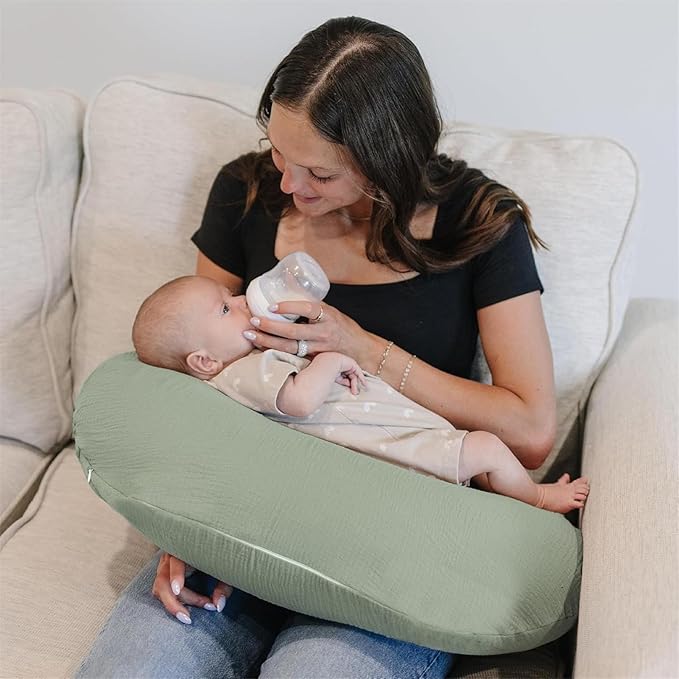 2 Pack Newborn Muslin Nursing Pillow Covers Soft Nursing Cover for Breastfeeding Pillow Slipcover for Baby Girls Boys (Mist Green+Cream)
