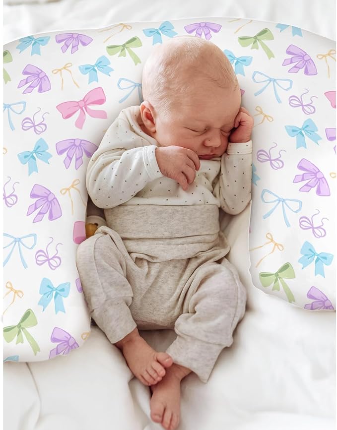 Spring Pastel Bows Baby Nursing Pillow Covers for Boy Girl Colorful Rainbow Bows Nursing Pillow Slipcovers for Breastfeeding Pillows Cute Girly Soft Stretchy Removable Covers for Newborn Infant