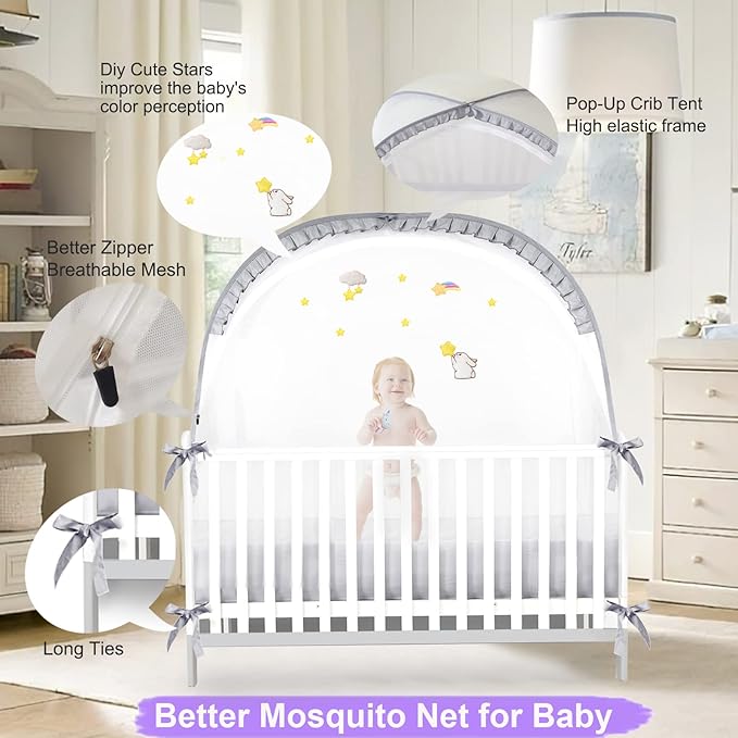 Crib Tent to Keep Baby from Climbing Out, Woderful Breathable Pop-up Mosquito Net Protable Safety Crib Net for Baby Travel