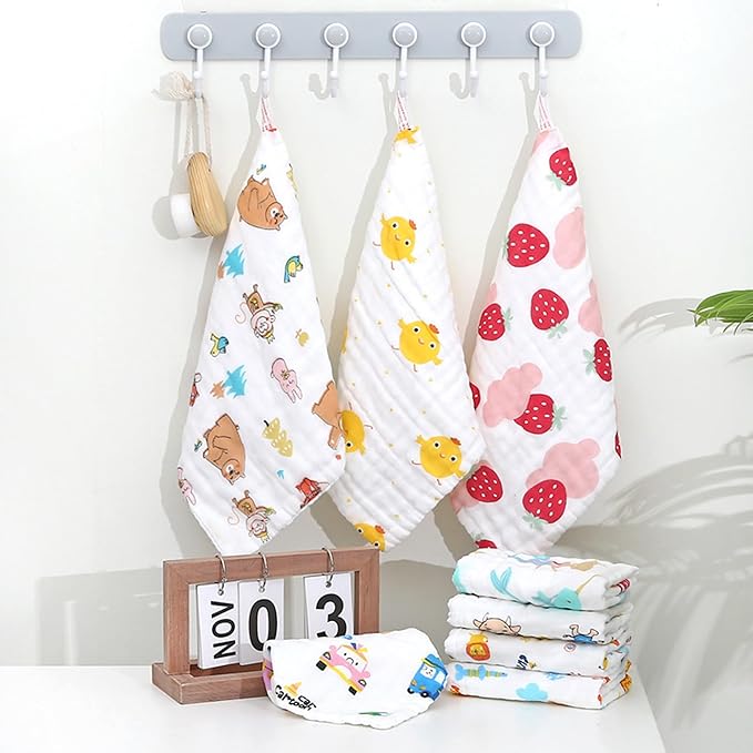 Yellow chick print Cotton square towel with 6 layers of gauze (19.7x9.8 inches), washable children's face towel, printed reusable drool towel, essential for newborns patterned burp cloths towels