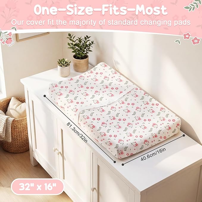 2 Pack Waterproof Muslin Changing Pad Cover with Safety Strap Hole, TPU Leakproof Protection Soft Muslin Baby Changing Table Covers for Boys & Girls, Fits 32" x 16" Changing Pad,Pink Blossom