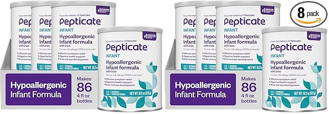Pepticate Baby Formula,Hypoallergenic Powdered Infant Formula for Cow Milk Allergy,with Omega 3 DHA,ARA,Iron & Prebiotics,13.2oz,(Pack of 8)