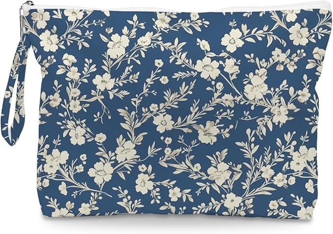 Fokongna Floral Print Wet Bag, Small Portable Waterproof Multi-Functional Organizer for Women, Blue Tiny White Floral, Ideal for Daily, Beach & Travel