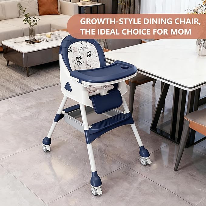 Foldable 4-in-1 Baby High Chair for Babies & Toddlers, High Chair with Detachable PU Cushion, Removable Tray, Adjustable Height, Locking Wheels,Blue