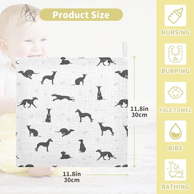 vvfelixl Baby Cotton Washcloths Whippet Dog Infants Bath Towel for Unisex Puppy Face Towels for Newborn, Natural Baby Wipes Delicate Skin, 11.8 X 11.8 inch, one sizex3