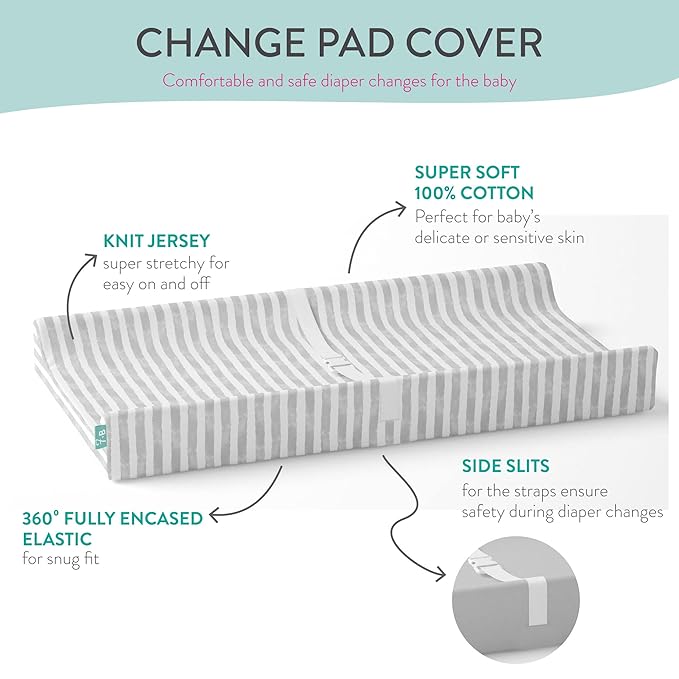 Featherhead™ 2-Pack Changing Pad Covers | Fitted Sheets for Baby Boy & Girl - 100% Cotton Jersey - 16" x 32" - Ultra-Soft, Stretchy, & Lightweight Fitted Sheets (Stripes)
