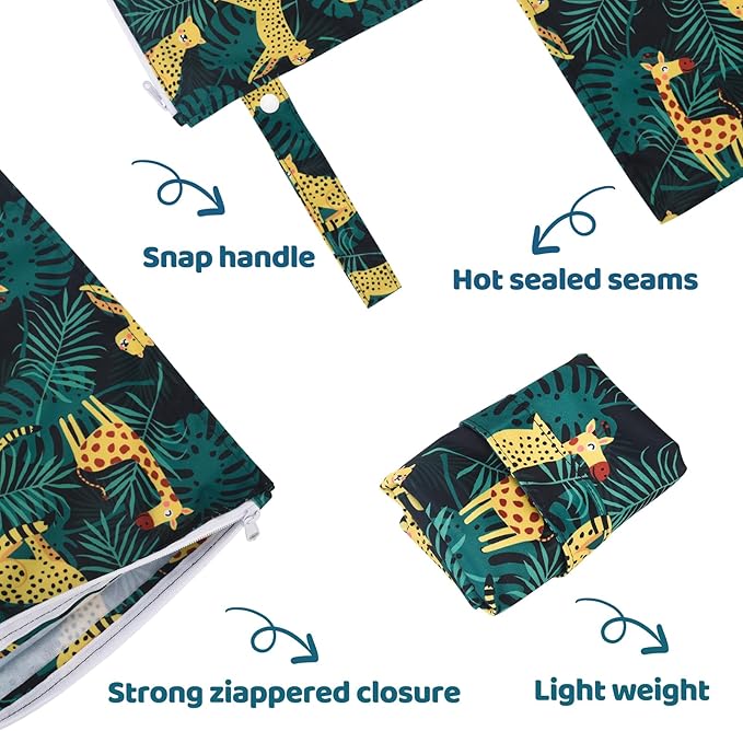 2pcs Cloth Diaper Mess-proof Wet Bags,Waterproof Reusabel Travel Storage Stroller Daycare Soiled Baby Items Beach Pool Yoga Gym Bag for Wet Toddler Swimsuits-Leopard,Dinosaur