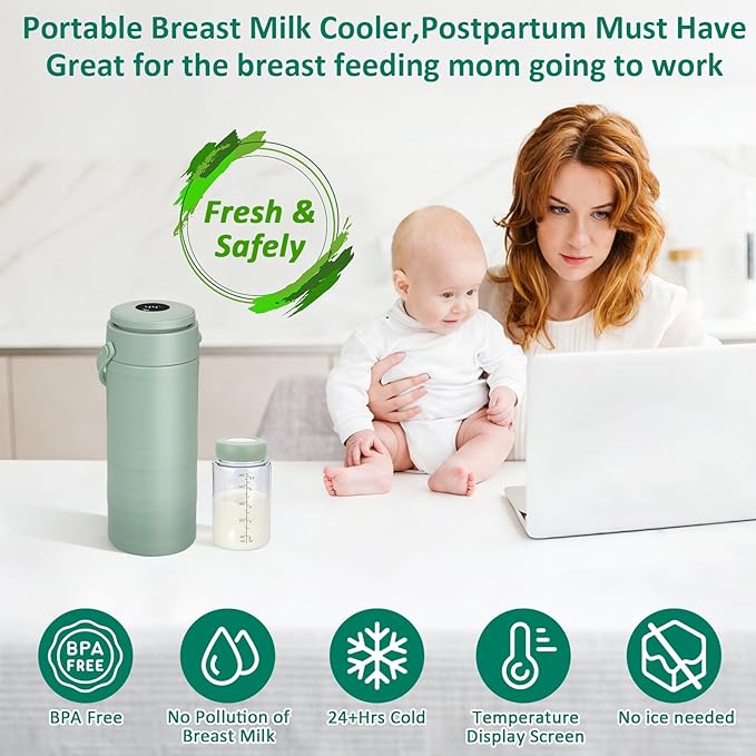 Portable Breast Milk Cooler for Outdoors & Work, 360° Total Cooling Keeps Milk Fresh for 24 Hours, 19oz Large Capacity Travel Breastmilk Chiller with Temp Display & 2pcs Bottle for Breastmilk Storage