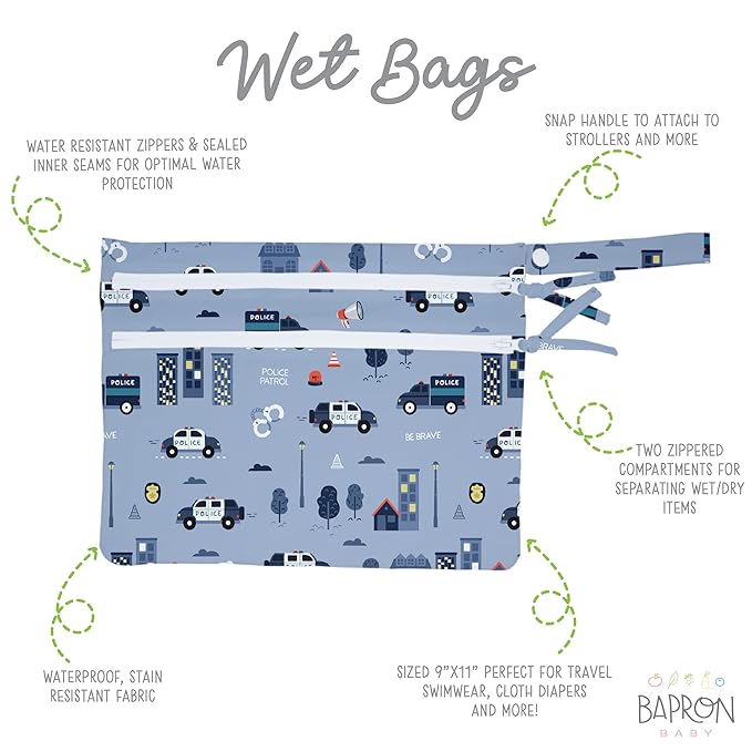 BapronBaby Be Brave Police Patrol Wet Dry Bag - Waterproof Two Zipper Pockets - Reusable for Mealtime, Diapers, Stroller, Snacks, Swimsuits - Machine Washable - 11" x 9"