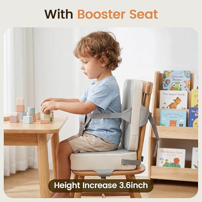 Booster Seat for Kitchen Chair, Toddler Booster Seat for Dining Table with Backrest and Adjustable Straps, Non-Slip High Back Booster Seat, Portable Travel Baby Booster Increasing Cushion, Gray White