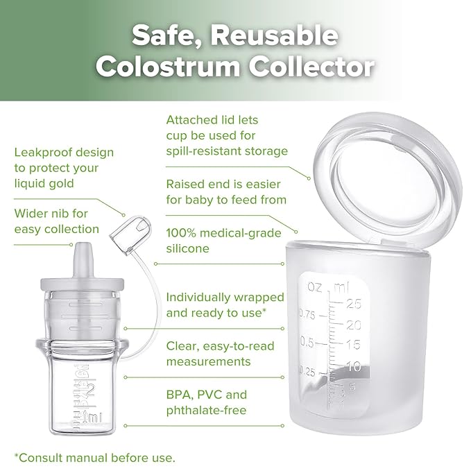 haakaa Colostrum Collector Kit 2ml/6pcs & Lidded Feeding Cup 25ml - Collect, Store & Feed Colostrum Ready-to-Use Pack, Reusable Colostrum Syringes Set for Liquid Gold
