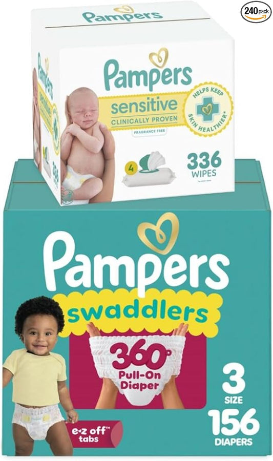Pampers Swaddlers 360 Pull-On Diapers, Size 3, 156 Count, with Sensitive Baby Wipes, 4 Flip-Top Packs (336 Wipes Total) [Packaging May Vary]