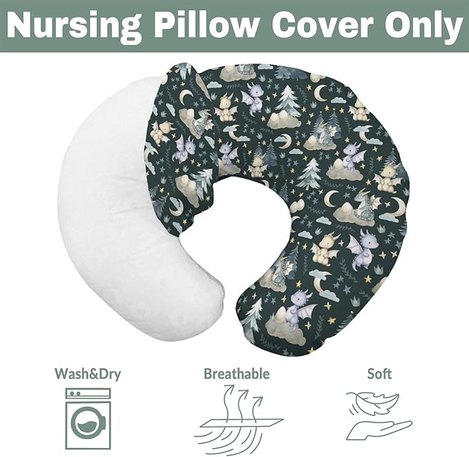 Fairytale Dragons Baby Nursing Pillow Cover for Boy Girl Cute Dragon Moon Stars Clouds Trees Eggs Nursery Pillowcase for Breastfeeding Pillows Fantasy Animal Soft Stretchy Slipcover for Newborn Infant