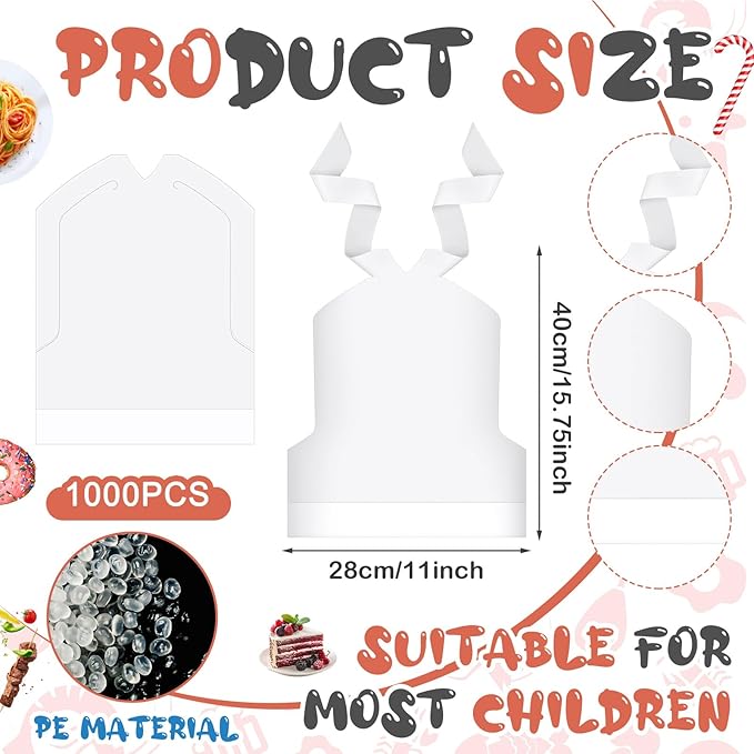 Skicuff 500 Pcs Disposable Plastic Bibs Bulk for Kids 11" x 15.75" Children Eating Bibs with Crumb Catcher for Toddlers (White)