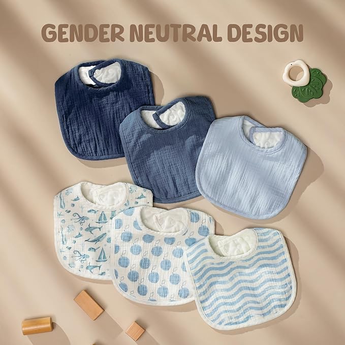 POIKSHARK 6-Pack Muslin Baby Bibs for Unisex Boys Girls, Cotton Baby Drool Bibs, Drooling and Teething Bibs for Infant