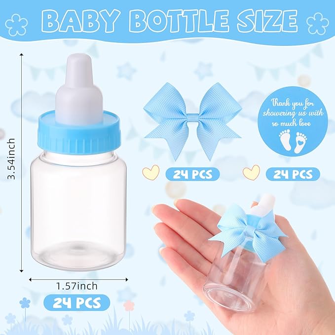 Teenyyou 48 Sets 3.5 Inch Blue Mini Baby Bottles for Baby Shower Party Favor Game Plastic Milk Bottles with Thank You Showering Stickers and Bows Thank You Gifts for Guests Candy Decor
