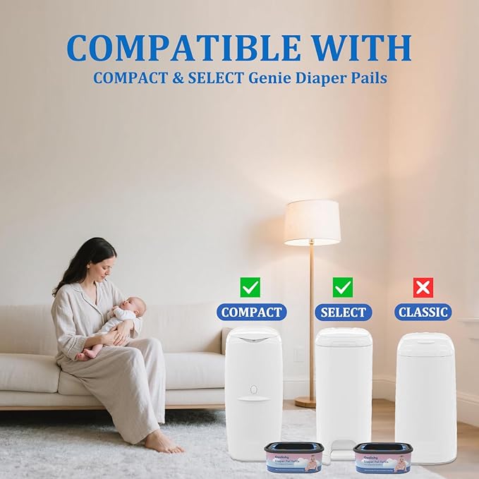 Jumbo Square Bags Refill Compatible with Diaper Genie Compact, Select Pails (Not Fit Classic), Max Odor Control, Disposal Bag Refills, Continuous Film, Holds Up to 810 Newborn Diapers, 4 Pack