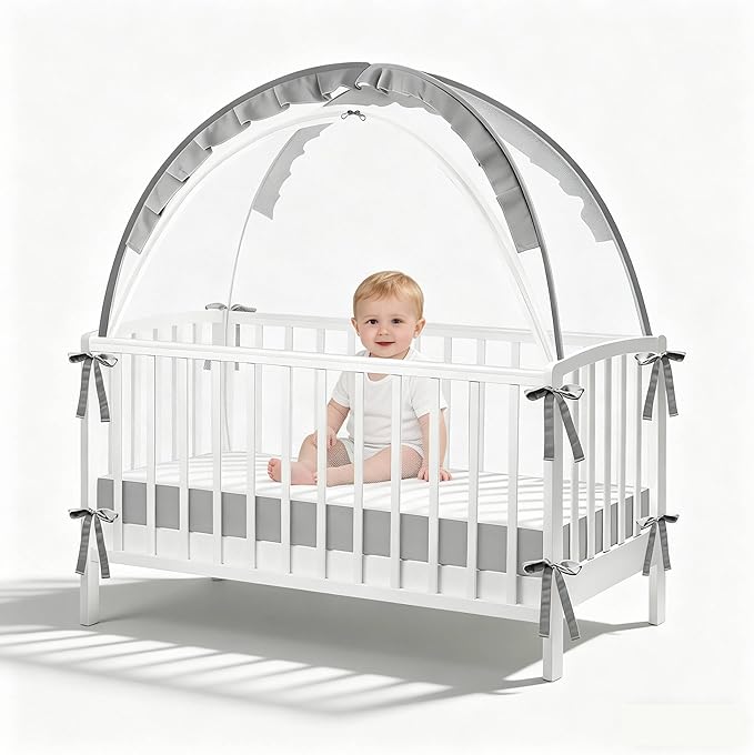 Crib Tent to Keep Baby in - Stop Climbing Out with Double Zipper & Strong Rods, Breathable Mesh Pop-Up Canopy for Easy Installation, Fits Standard Cribs
