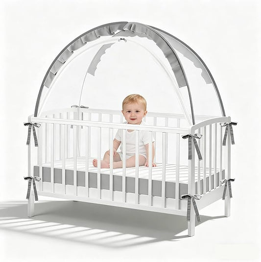 Crib Tent to Keep Baby in - Stop Climbing Out with Double Zipper & Strong Rods, Breathable Mesh Pop-Up Canopy for Easy Installation, Fits Standard Cribs