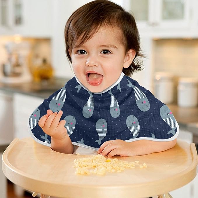 Cute Whale Blue Polka Dot Muslin Burp Cloths for Baby 2 Pack Soft 100% Cotton Baby Washcloths Bibs for Boy Girl