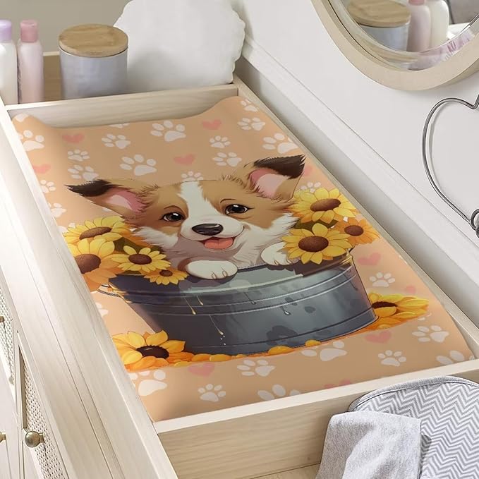 Stretchy Diaper Changing Table Cover, Snug and Soft Change Table Pad Covers Fit 16 * 32 Inches, Sunflower Puppy