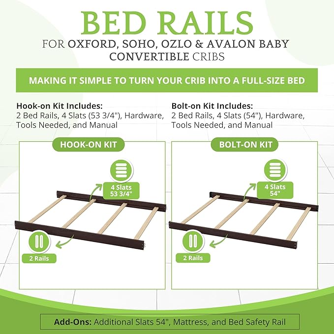 Full-Size Conversion Kit Bed Rails for Oxford, Soho, Ozlo & Avalon Baby Convertible Cribs - Solid Wood - Toddler and Adult Rail for Full-Size Bed - Nursery and Baby Furniture (Espresso, Bolt-On Kit)