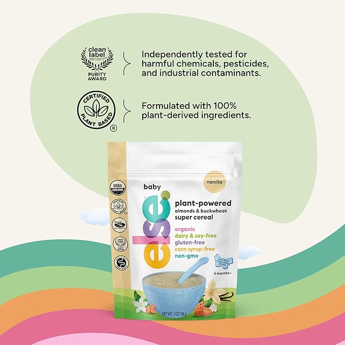 Else Nutrition Organic Baby Cereal 6+ Months Infants - Easy prep Wholefood Plant‑Powered Baby Cereal with Buckwheat, Gluten‑Free & Dairy‑Free, Purity Certified | Gentle Start (Vanilla Pack of 6)