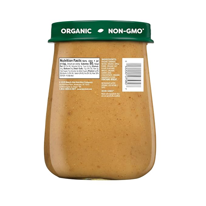 Beech-Nut Organic Baby Food Jars, Organic Banana & Granola Puree, Stage 2 Baby Food for Babies 6 Months and Up, Non-GMO, 4oz Glass Jars, 10ct