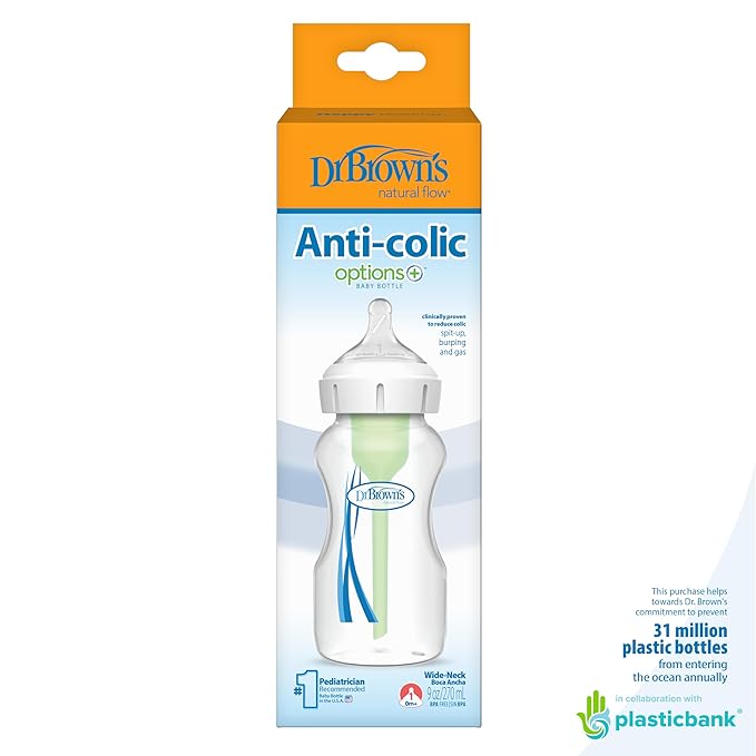 Dr. Brown's Natural Flow Anti-Colic Options+Wide-Neck Baby Bottle,9 oz/270 mL,Level 1 Nipple,12-Pack,0m+