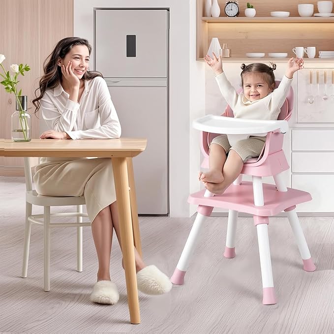 Kinder King 8 in 1 Baby High Chair, Coverts to Dining Booster Seat/Kids Table & Chair Set/Toddler Building Block Table/Kids Stool, Removable Tray & Double Seat Cover, Easy to Wipe, Pink & White