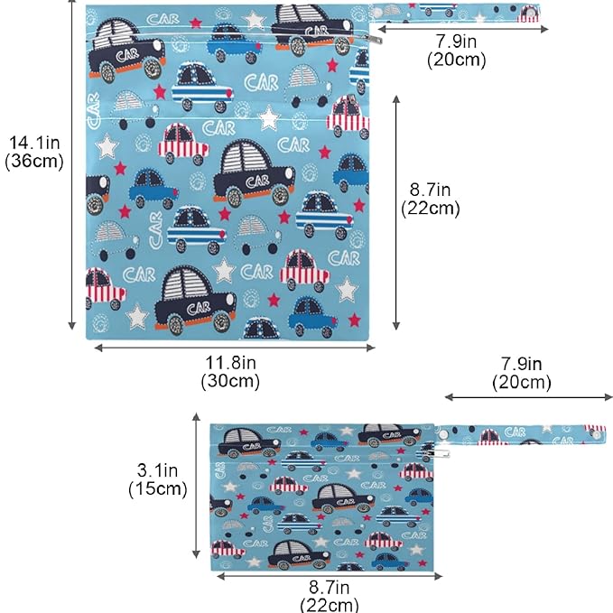 visesunny Funny Car with Stripe Blue 2Pcs Wet Bag with Zippered Pockets Washable Reusable Roomy for Travel,Beach,Pool,Daycare,Stroller,Diapers,Dirty Gym Clothes, Wet Swimsuits, Toiletries