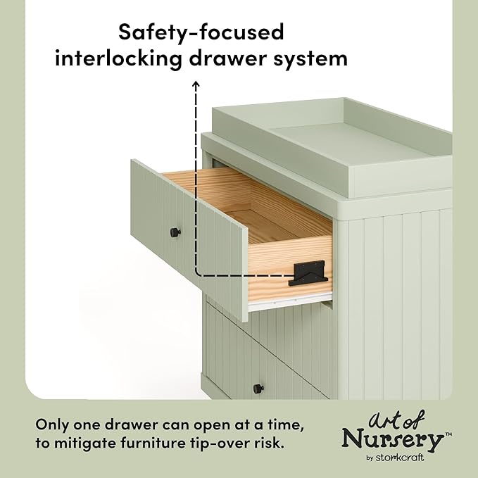 Storkcraft Kyoto 3 Drawer Chest with Topper (Sage) - GREENGUARD Gold Certified, Nursery & Kids' Bedroom Wood Chest, Interlocking Drawer System, and Easy Assembly with Pre-Installed Tracks