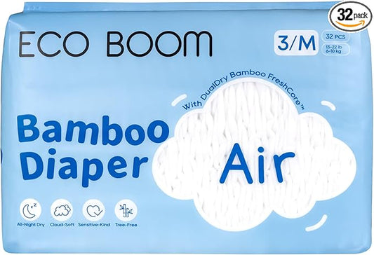 ECO BOOM Air Diapers, Tree-Free & Gentle for Sensitive Skin, Ultra Soft & Breathable, Reliable Overnight Protection, Size 3, 13-22 lbs