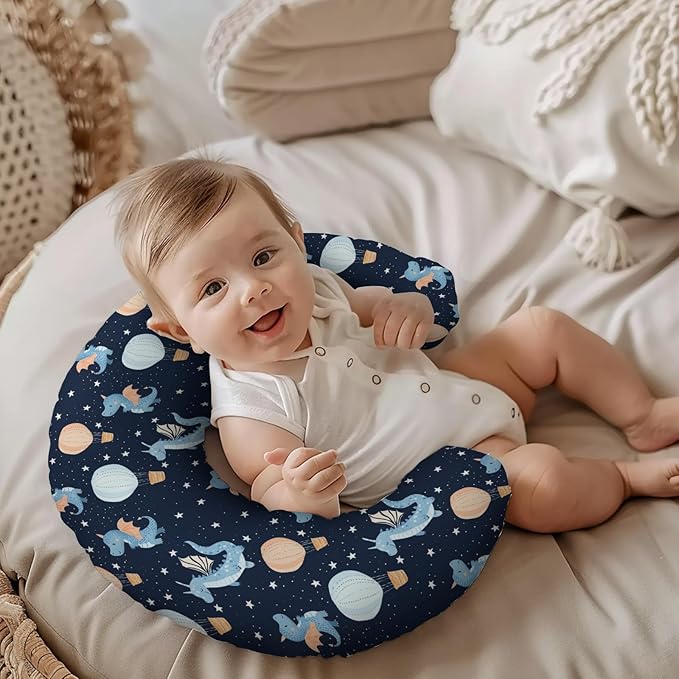 Cartoon Dragon Hot Air Balloon Stars Pattern Nursing Pillow Cover, Unisex Removable Breastfeeding Pillowcase Slipcover for Baby Girls Boys Newborns Toddlers, Cover Only
