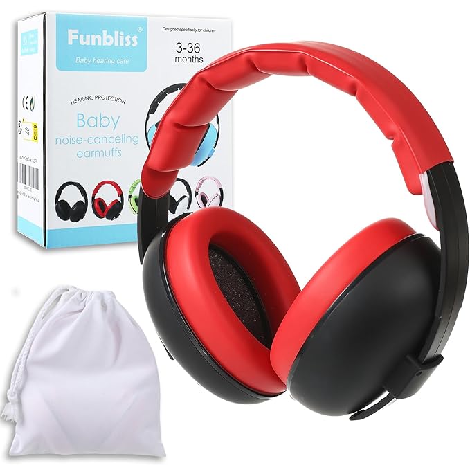 funbliss Baby Ear Muffs Noise Protection for Infant and Baby 3-36 Months - Noise Cancelling Headphones for Ear Protection with Storage Bag,Red