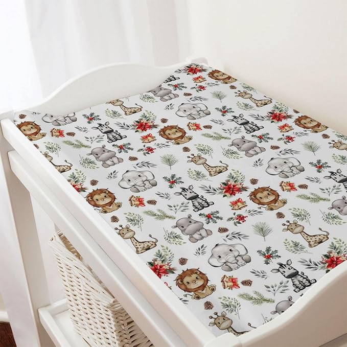Baby Safari Animals Christmas Cherry Fir Leaves Changing Pad Covers Lion Elephant Giraffe Zebra Hippo Diaper Change Table Pad Covers for Girl Boy Soft Stretch Changing Mat Sheets 32''x16''