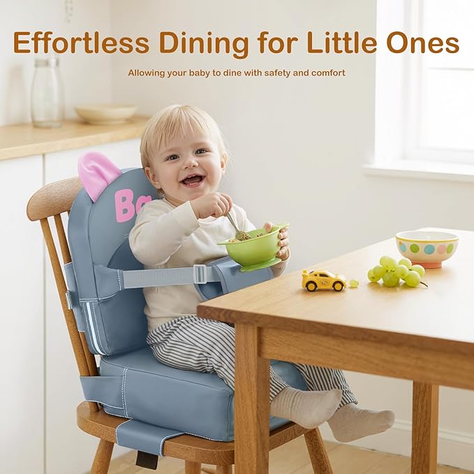 Booster Seat for Dining Table, Toddler Booster Seat for Dining Table, Kids Boys Girls Portable PU Waterproof Travel Baby Boosters Increasing Cushion with Backrest and Adjustable Strap (Gray, OneSize)