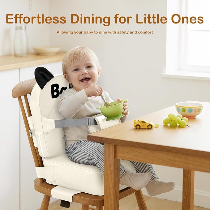 Booster Seat for Dining Table, Toddler Booster Seat for Dining Table, Kids Boys Girls Portable PU Waterproof Travel Baby Boosters Increasing Cushion with Backrest and Adjustable Strap (White, Onesize)