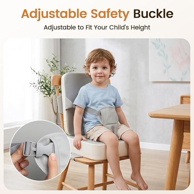 Booster Seat for Kitchen Chair, Toddler Booster Seat for Dining Table with Backrest and Adjustable Straps, Non-Slip High Back Booster Seat, Portable Travel Baby Booster Increasing Cushion, Gray White