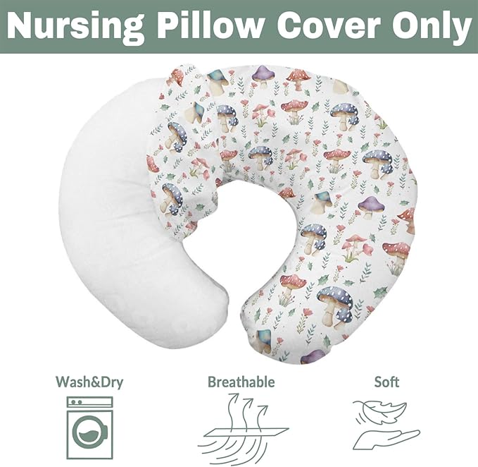 Fairytale Mushroom Baby Nursing Pillow Covers for Boy Girl Colorful Mushrooms Floral Leaves Nursing Pillowcase for Breastfeeding Pillows Magical Plant Soft Stretchy Slipcovers for Newborn Infant