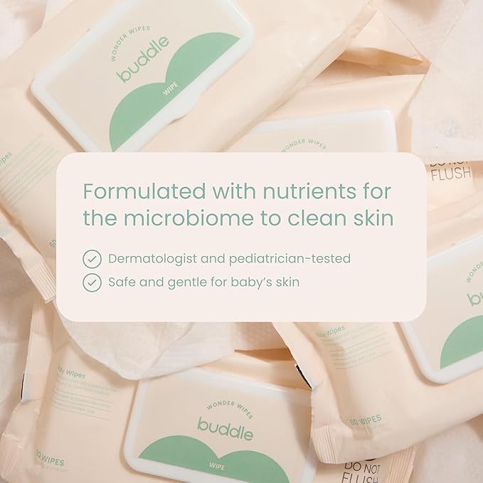 Buddle Wonder Wipes – Baby Wipes with Aloe & Honeysuckle, Dermatologist-Tested & Hypoallergenic, Gentle Diaper Wipes for Sensitive Skin, Biodegradable & Compostable Plant-Based Fibers