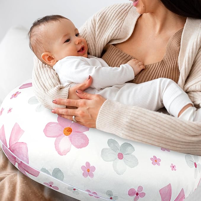 Hooyax Nursing Pillow Covers 2 Pack - Ultra Soft & Stretchable Breastfeeding Pillow Slipcovers, Adorable Cover for Infant Feeding Pillow, for Most Standard Pillows (Bow Flower)