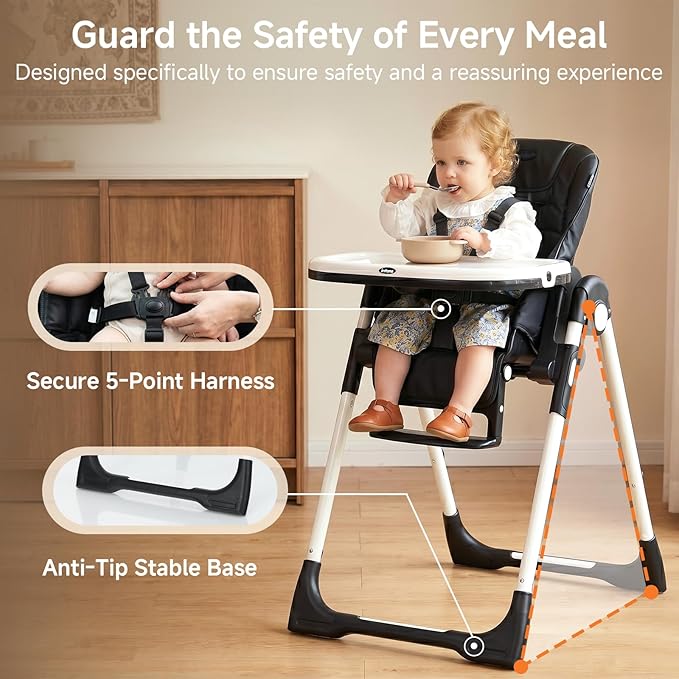 INFANS High Chair for Babies & Toddlers, Foldable Highchair with Multiple Adjustable Backrest, Footrest and Seat Height, Removable Tray, Detachable PU Leather Cushion, Built-in Rear Wheels (Black)