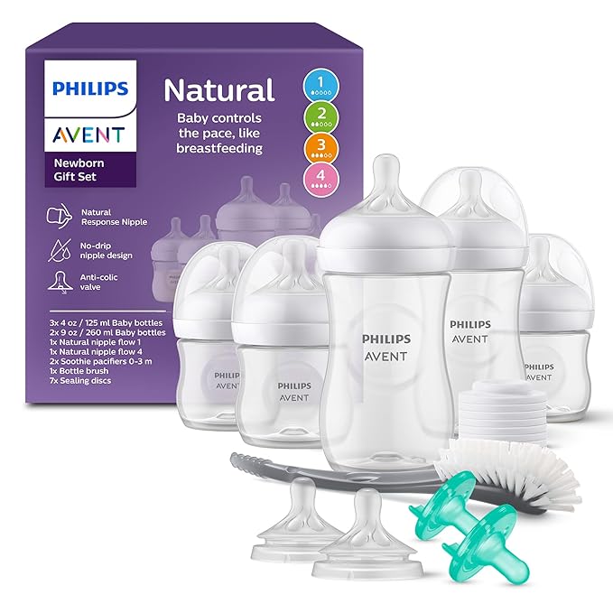 Philips Avent Natural Response Baby Gift Set - 3X 4oz Bottles with Slow Flow Nipple (Level 2), 2X 9oz Bottles with Medium Flow Nipple (Level 3), 2 Extra Nipples, 2X Soothie Pacifiers 0-3m, SCD838/02