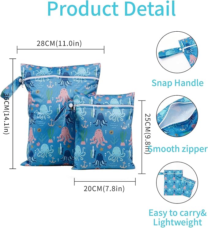 2 Pcs Wet Bags Waterproof Reusable Zippered Pocket Cloth Diaper Bag for Travel Beach Pool Swim, Baby Diapers,Gym Yoga Wet Clothes,Swimsuit,water wipes (Octopus)