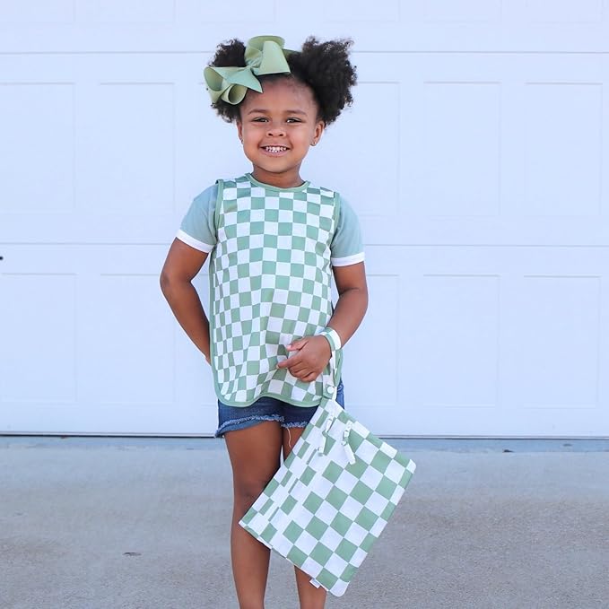 BapronBaby Floral/Nature Wet Dry Bag - Waterproof Two Zipper Pockets - Reusable for Mealtime, Diapers, Stroller, Snacks, Swimsuits 11" x 9" (Sage Checkerboard, 11" x 9")