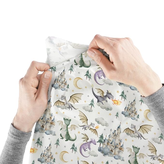Baby Boy Girl Changing Pad Covers Dragon Tale Castle, Watercolor Green Moon Clouds Stars Tree Safe Snug Fitted Diaper Table Sheet, Soft Breathable Stretchy Change Mat Fit 32 34 x 16