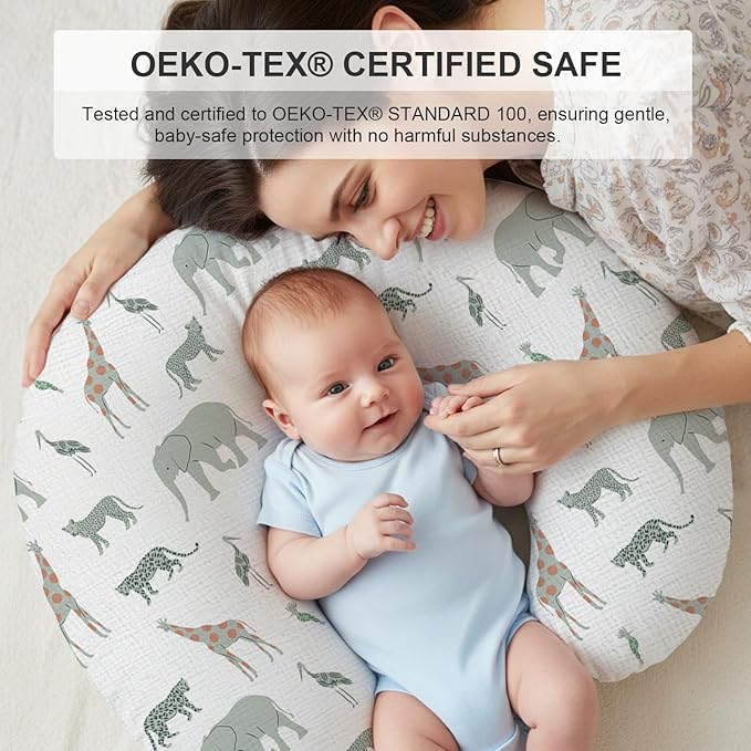 Little Grape Land Muslin Nursing Pillow Covers 2 Pack, 100% Cotton Removable Breastfeeding Pillow Covers, Feeding Pillow Slipcovers for Baby Boys & Girls, (Safari & Green)