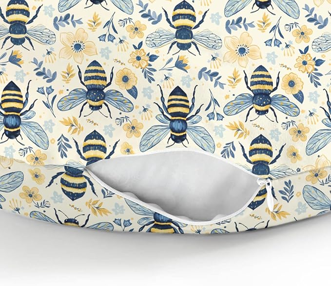 Bees Flowers Nursing Pillow Covers for Boy Girl Vintage Bees Boho Wildflowers Nursery Slipcover for Breastfeeding Pillows Bee Floral Spring Summer Soft Stretchy Removable Covers for Newborn Infant