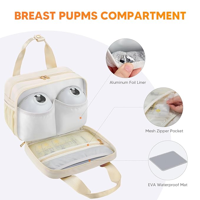 PIIOSER Breastmilk Cooler Travel Bag with Ice Pack, Compatible with Wearable Breast Pumps & Accessories - Portable Hands Free Breast Pump Carrying Case for Nursing & Working Moms, Cream